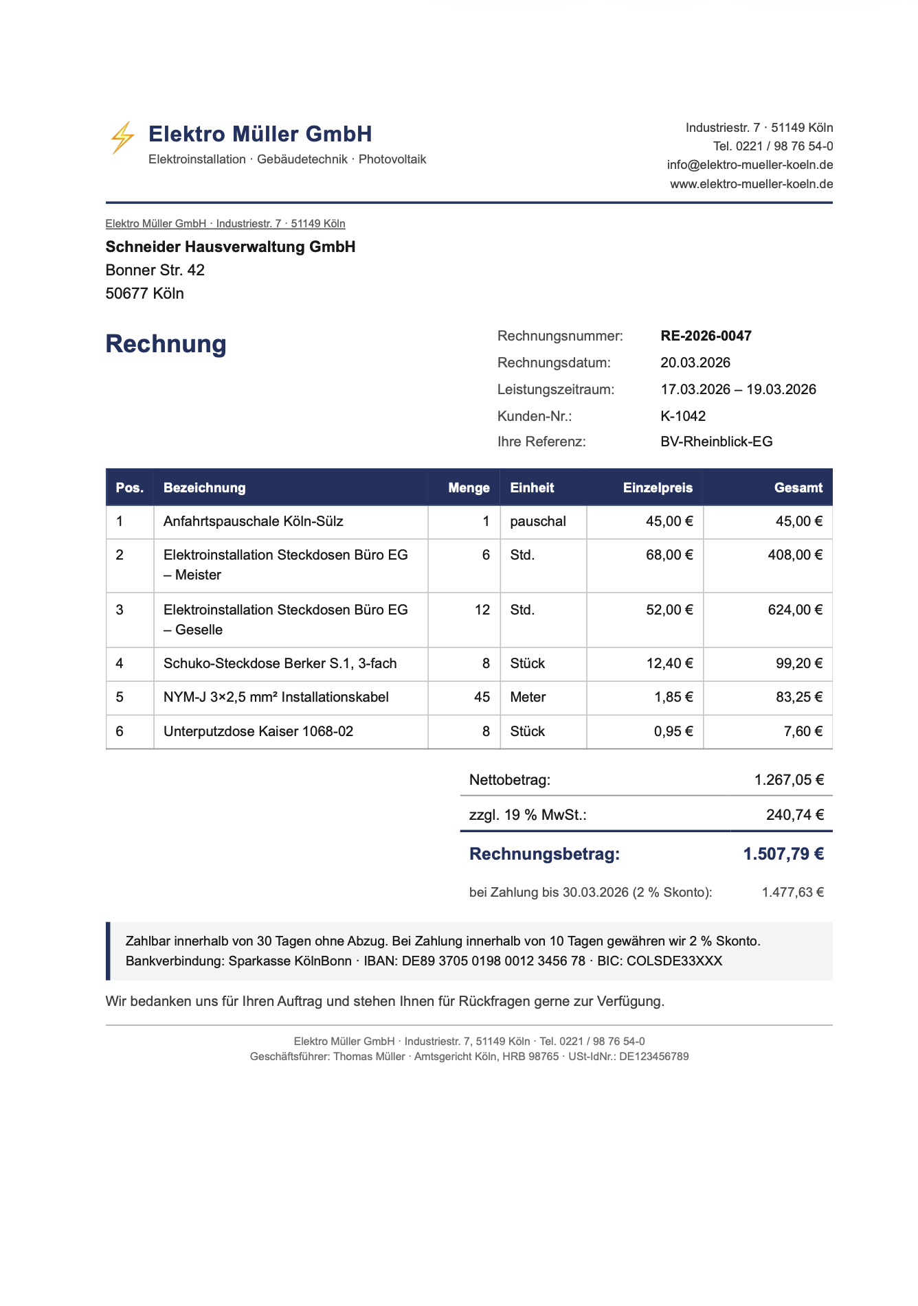 Beispielrechnung Elektro Müller GmbH – RE-2026-0047 über 1.507,79 €