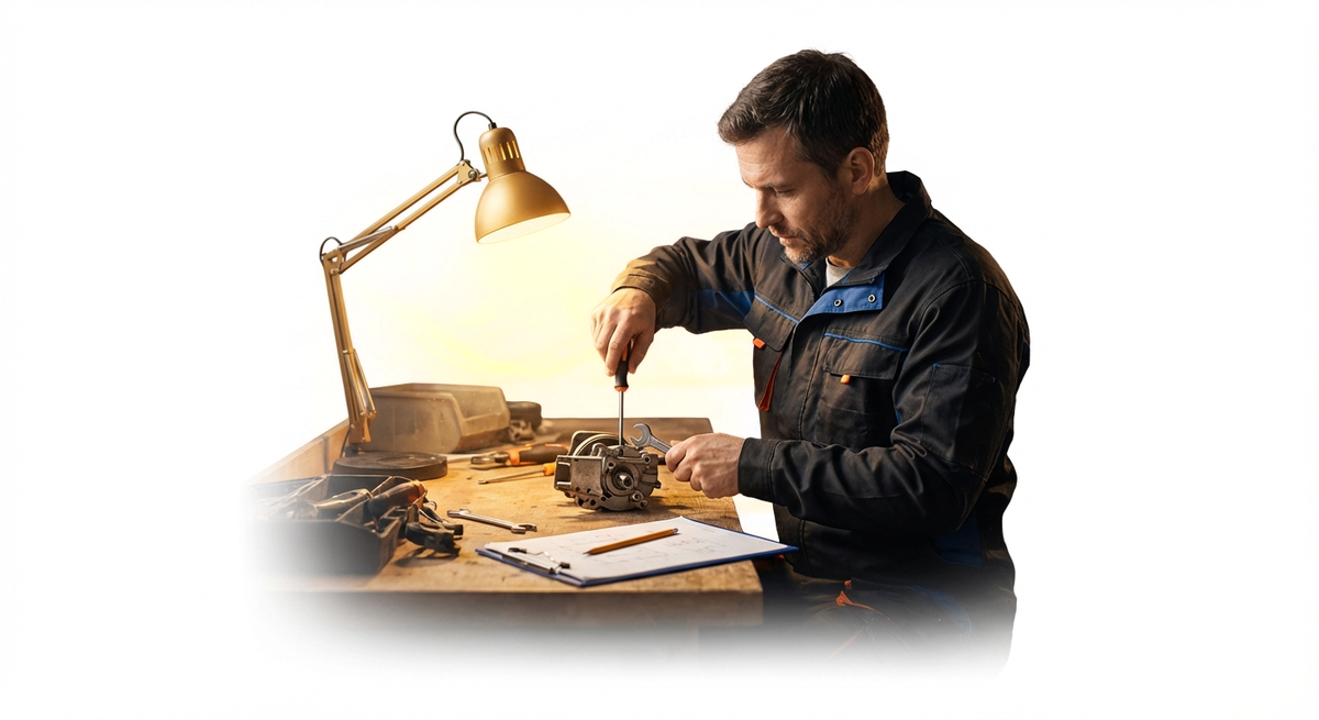 Handwerker in Arbeitskleidung sitzt an einer Werkbank und arbeitet konzentriert mit Schraubenzieher und Schraubenschlüssel an einem mechanischen Bauteil, daneben liegen Klemmbrett mit Papieren und Werkzeuge unter warmem Licht einer Schreibtischlampe